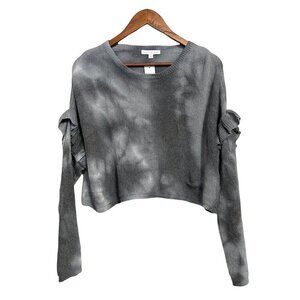 Don't Ask Why Women's NWT Gray Ruffle Shoulder Tie Dye Cropped Sweater One Size